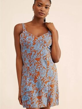 Madewell | Floral Sabrina Linen Mini Dress - Blue and Rust - Casual Beachy Short